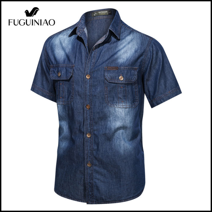 Fuguiniao Men's Denim Shirt Men's Casual Shirt Summer Pure Cotton Shirt for  Men Large Multi Pocket Denim Shirt Lazada PH