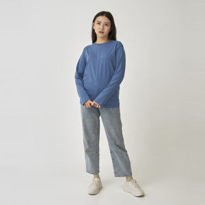 Kaos Polos Wanita Oneck Lengan Panjang Bahan Katun Combed 30s Warna Steel Blue