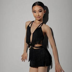 SHUNAICHI Childrens Latin Dance Dress Girls Competition Off the waist Fringe Dress Chacha Samba Dance Performance Dress