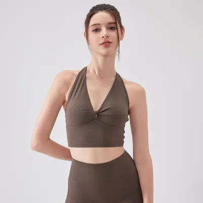 【Hoppe Fumeng】Womens fixed padded hanging neck and beautiful back breathable fitness yoga bra