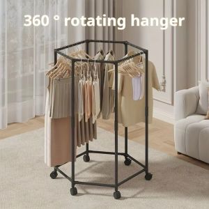 NAMSHEVA Rotating Hexagonal Clothing Rack with Wheels Sturdy Construction Vertical Garment Hanger Portable Multi-Functional Movable Clothing Storage Rack Home Use