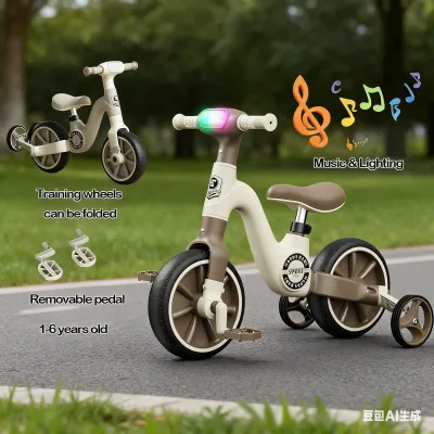 Beige Bike For Kids boy 3in1 Balance with folding training wheels Adjustable kids bike with music light 1-7