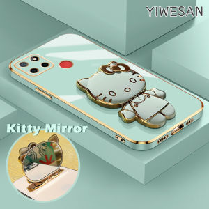 YIWESAN Casing Ponsel untuk Realme C12 C11 2020 C15 C25 C25s Narzo 20 30A 50A Case ponsel lipat cermin Kitty Softcase silikon pelindung lensa penuh Casing ponsel pelapis mewah HP dudukan ponsel lipat Kesing