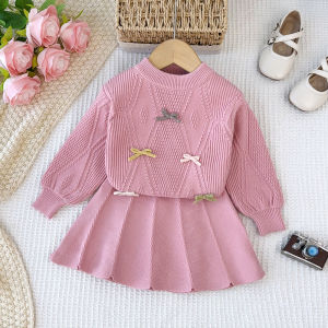 Bear Leader Ternos Girls Clothing Sets Winter Colorful Bow Sweater Pullover Top+Solid Color Pleated Skirt Suits for Baby Thick Casual Outfits Childrens Knitting Clothes 3-7 Years