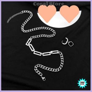 【Coral】💖【HOT SALE】🎈🎈 Creative Hip-hop Tide Simple Black Square Earrings Pendant Necklace Mens Dual-use Design Stainless Steel Stitch Necklace