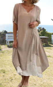 Short-sleeved faux two-piece asymmetrical dress Fashion dress Retro style dress