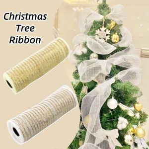 26cm 10Yards Gold White Christmas Flower Wreath Tree Ribbon Mesh DIY Decoration Wedding Xmas Gift