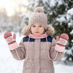 SUPERRR Thickened Winter Children Gloves Windproof Warm Full Finger Gloves Gift Snowflake Pattern Knitted Gloves Winter