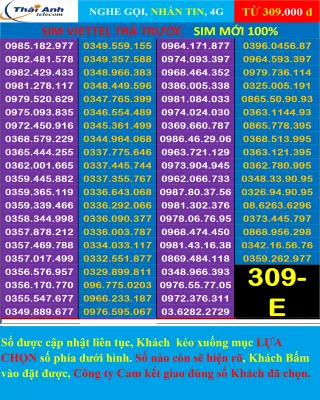 Sim Viettel dễ nhớ 10 số SIM MỚI Chưa Kích hoạt 100% - Chọn được số đồng giá 309.000 Gói cước Tomato Đăng ký được nhiều gói cước hấp dẫn . SIM VIETTEL Chính hảng sim mới 100%. LIST E-F