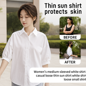 Women’s White Shirt Summer Thin Mid Sleeve Shirt Loose And Slim Sun Protection Women’s Clothing