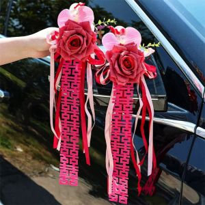 CURIO12 2Pcs ถ้วยดูดสูญญากาศ ริบบิ้นดอกไม้รถแต่งงาน เทียมเทียมเทียม โบว์น๊อต การตกแต่งงานแต่งงาน คุณภาพสูงมาก ใช้งานได้หลากหลาย ช่อดอกไม้ปลอม กระจกมองหลังรถยนต์