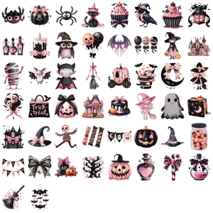 Halloween Themed Removable Adhesive Stickers 50Pcs Cartoon Doodles Art For Phone Laptop Tablet Customization Decoration