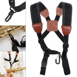 Adjustable Genuine Leather Double Shoulder Saxophone Strap with Steel Hook for Alto Tenor Soprano Sax