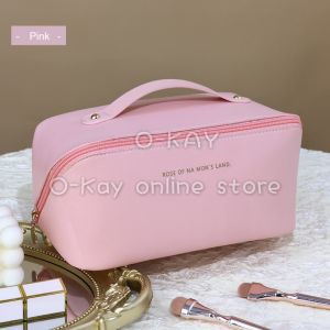 O-KAY Cosmetic Bag Large Travel Make Up Bag Plaid Pattern PU Leather Portable Wash Storage Bag