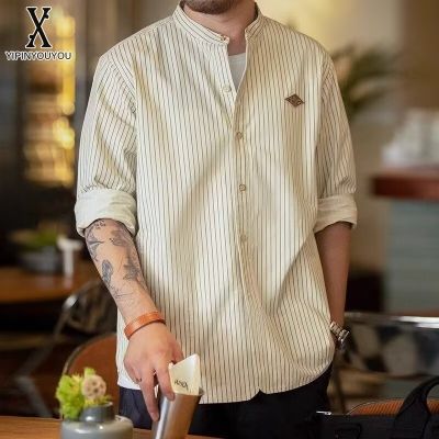 YIPINYOUYOU丨Men's long-sleeved shirt vintage vertical fine striped work jacket vertical collar loose shirt jacket