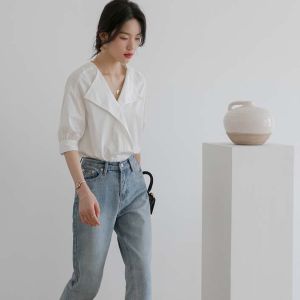 IELGY design niche white shirt women French short-sleeved retro blouse