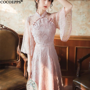 COCOEPPS COCOEPPS dresses for women cheongsam 2024 Women Summer New French Retro Lace Dress chinese new year clothes 2024