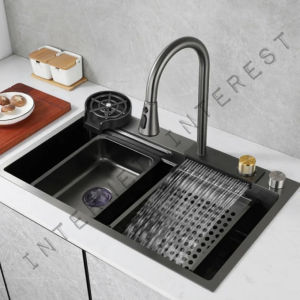[LOCAL] Luxury Modern Square Kitchen Sink Stainless Steel Nano Black Sink With Stretch Faucet & Waterfall Free ShippingFast shipping