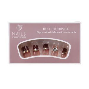 Hand-worn Nail Flash Burgundy French Champagne Rhinestone Nail Stickers Finished Detachable Fake Nails