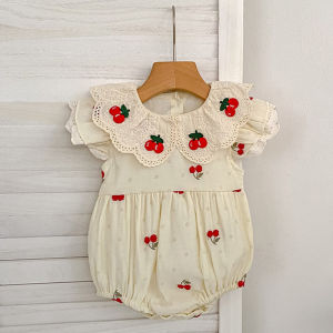 Baby Girl Romper Summer Cute Cherry Embroidered Baby Romper with Lace Ruffle Collar Soft Cotton Newborn Onesie Infant Outfit2026