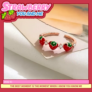 Sweet Strawberry Shaped Cubic Zirconia Ring Polished Metal Adjustable Size Perfect For Layering Casual Outfits Or Special Event