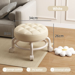 🔰 Swivel Low Stool With Wheel Small Chair Round Stool With Sofa Cushion Foot Pulley Moving Stool Children Chair Ottoman