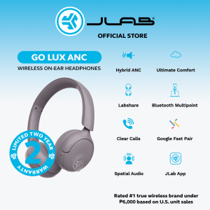JLab Go Lux ANC Wireless Headphones Cloud White Hybrid Active Noise Cancelling Premium On-Ear Bluetooth Headset Customizable Sound Be Aware Mode Cloud Foam Comfort Multipoint Connection