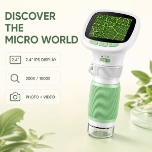 Kids Handheld Digital Microscope 2.4” IPS Screen 200X/1000X Photo Video 8 LED USB-C Green