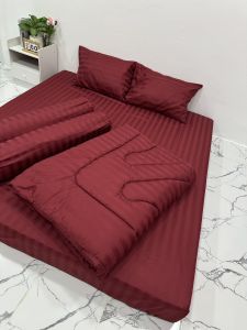 ชุดผ้าปูที่นอนริ้วซาติน 6ฟุต/5ฟุต/3.5ฟุต  ป้องกันไรฝุ่น(ผ้าปู1 ปลอกหมอน2 ปลอกหมอนข้าง2)