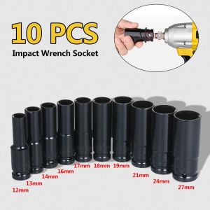 TERNAGA Deep 1/2 Impact Wrench Hex Socket Head Set Kit 10 pcs 12-27mm Black Socket For Socket Wrench Repair Set Tool