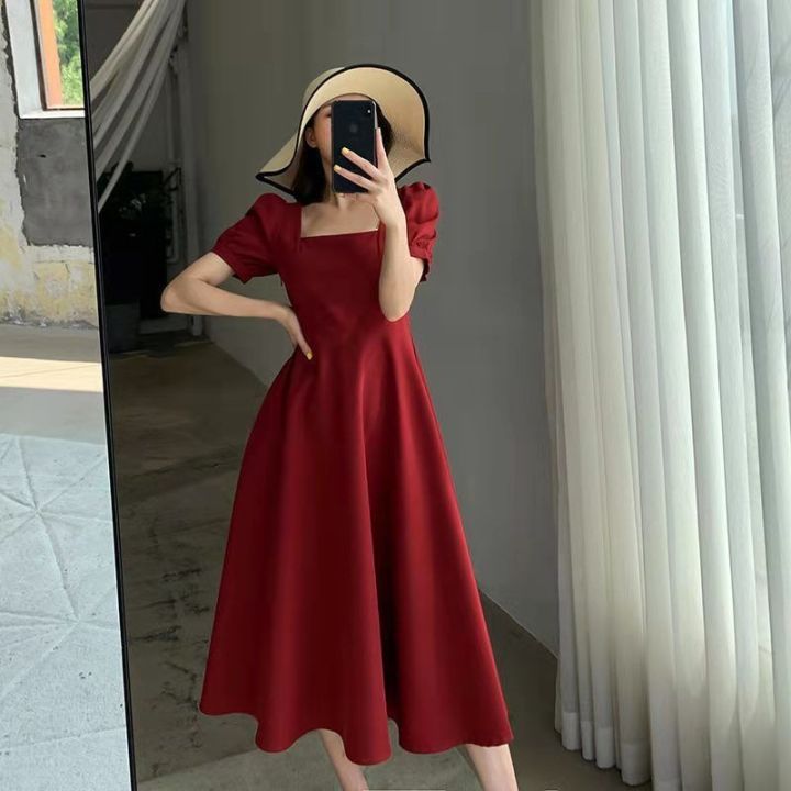Chinese New Year Dress CNY Red Dress INS Hepburn Style Square Neck Slim ...