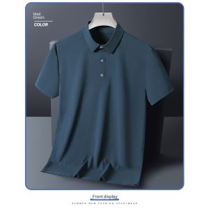 [Plus Size]9XL 8XL Men Ice Silk Short Sleeve Breathable Quick-Drying Top Ironing-Free Elastic Oversize Business Lapel Polo Shirts