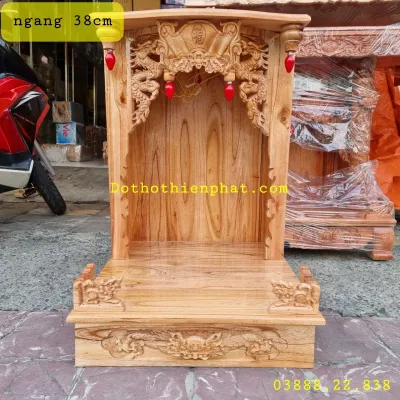 Bàn thờ thần tài ông địa gỗ xoan ngang 38 cm lọng mẫu mới