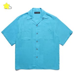 Green Blue Top Quality Silk Polyester Short Sleeve Shirt Men Women Summer Hawaiian Tee Classic Logo Embroidery Wacko Maria Shirt