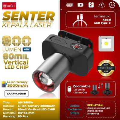 Senter Kepala Zoom Aoki AK-3685A SUPER TERANG / Head Lamp Led 60 Watt Super Terang Senter Kepala Rechargeable Type C