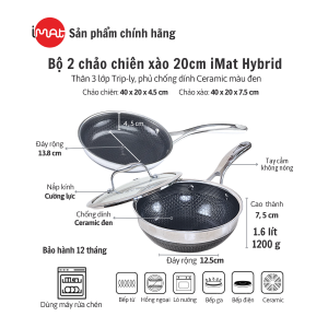 [HÀNG CHÍNH HÃNG] Bộ 2 chảo chiên xào chống dính bếp từ cùng cỡ 20cm iMat Blackcube inox. Bao gồm 01 chảo chiên chống dính đế từ iMat Blackcube 20cm I 01 chảo sâu đa năng chống dính đế từ iMat Blackcube inox 20cm (màu trắng inox))