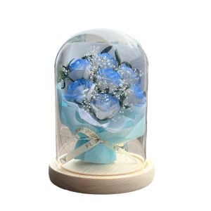 Broken Ice Blue Eternal Flower Dried Flower Birthday Gift for Girlfriend Mom Teacher Rose Glass Cover Bouquet