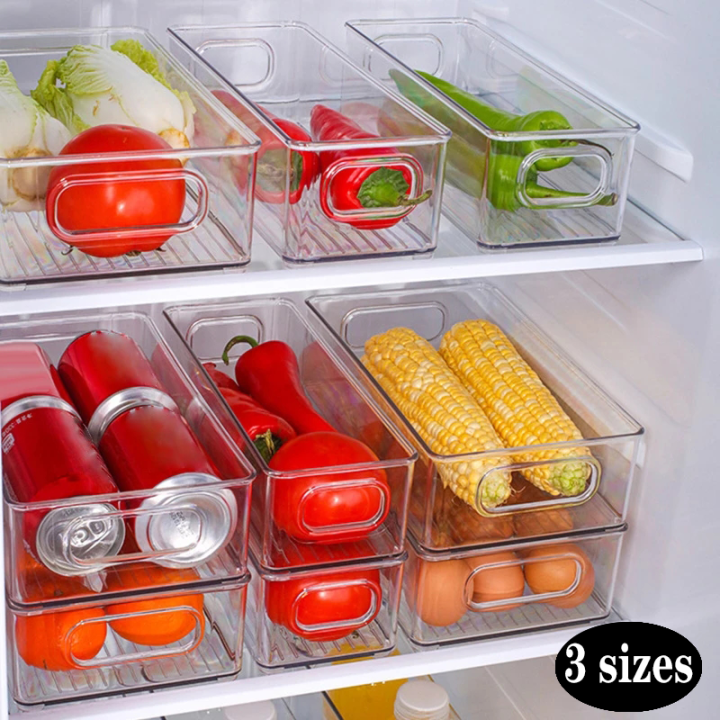 3 Sizes Refrigerator Organizer Box Stackable Fridge Food Storage Bins Handle Clear Plastic