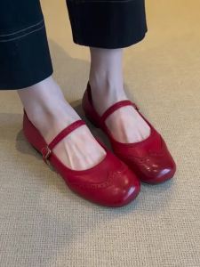 G7 Sheepskin Version ~ Vintage Round-Toe Red Womens Shoes Shallow Mouth One-Strap Carved Leather Flat Mary Jane Shoes 7/7