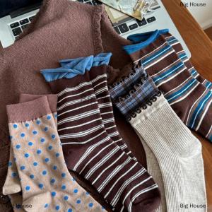 [COD] Big House Retro Color Blocking Stripe Socks For Women Winter Warm Middle Tube Socks Korean Girl Soft Thicken Home Sock