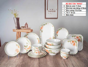 Bộ tô bát chén đĩa NH02" 25 chi tiết chất liệu gốm sứ tráng men an toàn decor cao cấp