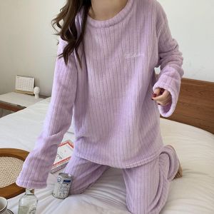 VCH Temperament Warm Long Sleeve Autumn and Winter Loose Style Plus Thick Flannel Nightdress Women Nightgowns Striped Sleepwear Pajamas Set