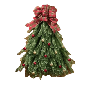 YERZ Plaid Christmas Tree Shaped Wreath Bell Ball Red Bow Xmas Hanging Ornament Vintage Plastic Mesh Wreath Home Front Door
