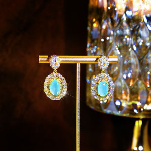 SEQUITO Personality Women Ear Jewelry Gold Plated Pave Setting Blue Oval AAA Cubic Zirconia Delicate Long Drop Earrings for Wedding Party SE1083