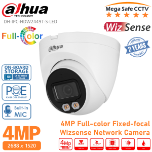 Dahua DH-IPC-HDW2449T-S-LED 4MP Full-color Fixed-focal Eyeball Wizsense Network Camera Smart Motion Detection Built In Mic Smart H.265+ & Smart H.264+ PoE WDR 3D NR Built-in Memory Card Slot