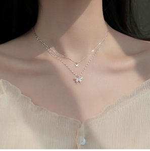 Silver Color Flash Crystal Butterfly Double Necklace for Women Simple Design Crystal Elegant Wedding Jewelry Gifts