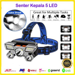 Senter Kepala Super Terang Headlamp Camping Berburu 5 Led High Power Recharger