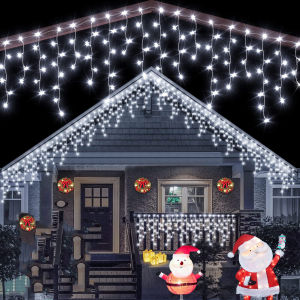Solar Christmas Curtain Lights 120 LED Waterproof Icicle Lights Connectable 220V Plug in Fairy String Lights Christmas Lights for Bedroom Patio Yard Garden Wedding Party