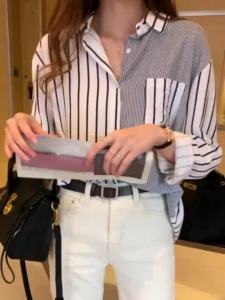 Striped Casual Pockets Long Sleeve Shirt Women Cotton Blouse Ladies Clothes Button Womens Tops Elegant Commute