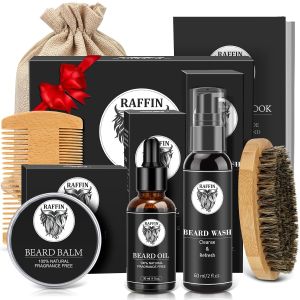 RAFFIN Beard Kit with Natural Ingreidents Beard Oil Beard Balm Beard Brush Beard Comb Mens Self-care Gifts Set Christmas & Birthday Gift for Men Dad Daddy/Papa Gifts from Kids Daughter Son